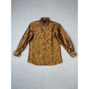 Dibangu Shirt Mens S Golden Brown Silk Floral Long Sleeve Shimmer  Button Up